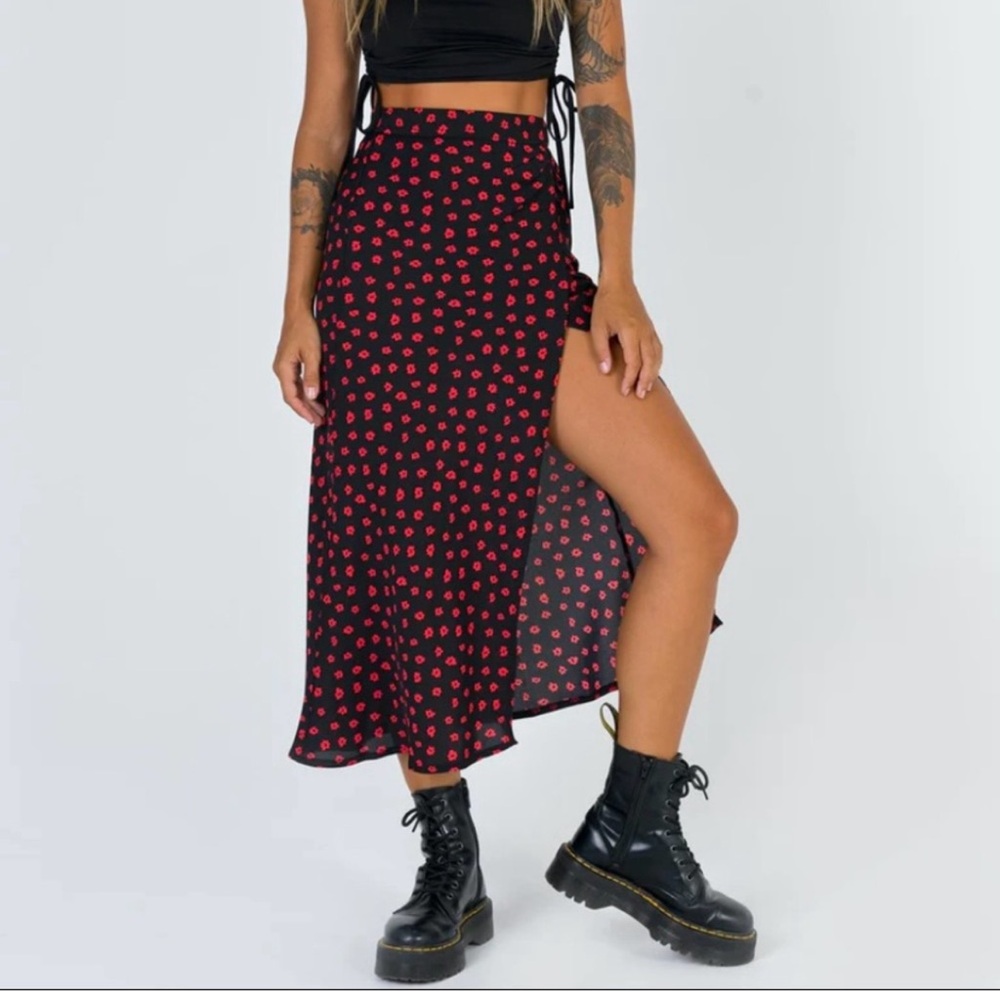 Princess Polly Black Midi Skirt with Red Floral Print and Side Slit